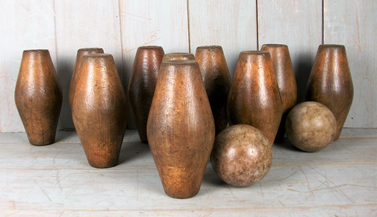 full set of ten antique oak garden Skittles